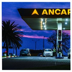 Night Scene Gas Station Building, Montevideo, Uruguay Wooden Puzzle Square by dflcprintsclothing