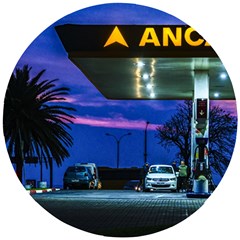 Night Scene Gas Station Building, Montevideo, Uruguay Wooden Puzzle Round by dflcprintsclothing