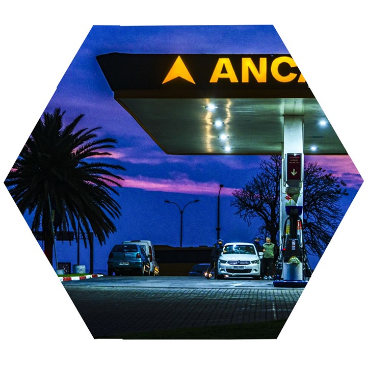 Night Scene Gas Station Building, Montevideo, Uruguay Wooden Puzzle Hexagon