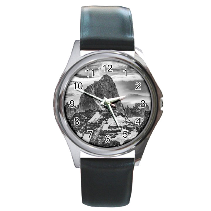 Fitz Roy And Poincenot Mountains, Patagonia Argentina Round Metal Watch