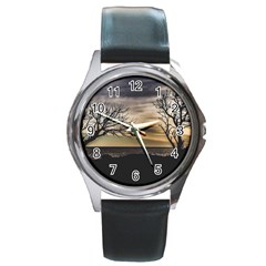 Coastal Sunset Scene At Montevideo City, Uruguay Round Metal Watch by dflcprintsclothing