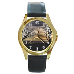 Coastal Sunset Scene At Montevideo City, Uruguay Round Gold Metal Watch by dflcprintsclothing