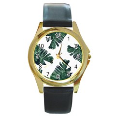 Green Banana Leaves Round Gold Metal Watch by goljakoff