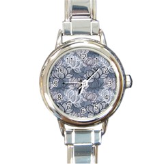 Art Deco Blue And Grey Lotus Flower Leaves Floral Japanese Hand Drawn Lily Round Italian Charm Watch by DigitalArsiart