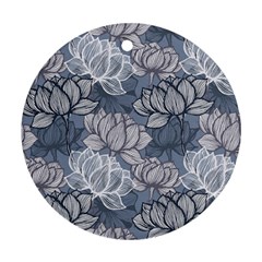 Art Deco Blue And Grey Lotus Flower Leaves Floral Japanese Hand Drawn Lily Ornament (round) by DigitalArsiart