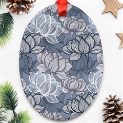 Art Deco Blue And Grey Lotus Flower Leaves Floral Japanese Hand Drawn Lily Ornament (oval) by DigitalArsiart