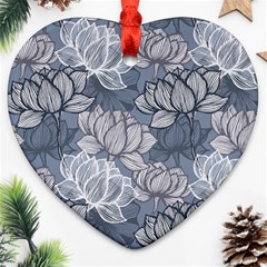 Art Deco Blue And Grey Lotus Flower Leaves Floral Japanese Hand Drawn Lily Ornament (heart) by DigitalArsiart