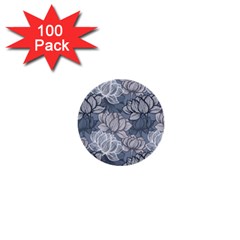 Art Deco Blue And Grey Lotus Flower Leaves Floral Japanese Hand Drawn Lily 1  Mini Buttons (100 Pack)  by DigitalArsiart