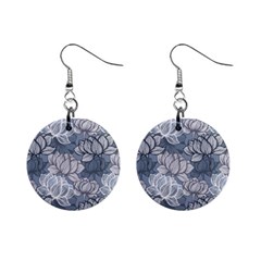 Art Deco Blue And Grey Lotus Flower Leaves Floral Japanese Hand Drawn Lily Mini Button Earrings by DigitalArsiart