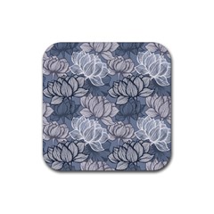 Art Deco Blue And Grey Lotus Flower Leaves Floral Japanese Hand Drawn Lily Rubber Coaster (square)  by DigitalArsiart