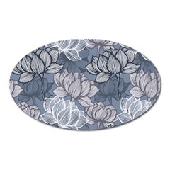 Art Deco Blue And Grey Lotus Flower Leaves Floral Japanese Hand Drawn Lily Oval Magnet by DigitalArsiart