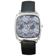 Art Deco Blue And Grey Lotus Flower Leaves Floral Japanese Hand Drawn Lily Square Metal Watch by DigitalArsiart