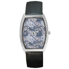 Art Deco Blue And Grey Lotus Flower Leaves Floral Japanese Hand Drawn Lily Barrel Style Metal Watch by DigitalArsiart