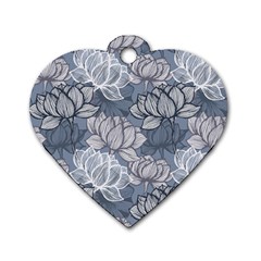 Art Deco Blue And Grey Lotus Flower Leaves Floral Japanese Hand Drawn Lily Dog Tag Heart (one Side) by DigitalArsiart