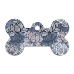 Art Deco Blue And Grey Lotus Flower Leaves Floral Japanese Hand Drawn Lily Dog Tag Bone (one Side) by DigitalArsiart