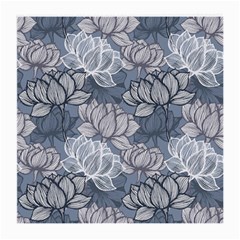 Art Deco Blue And Grey Lotus Flower Leaves Floral Japanese Hand Drawn Lily Medium Glasses Cloth by DigitalArsiart