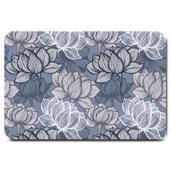 Art Deco Blue And Grey Lotus Flower Leaves Floral Japanese Hand Drawn Lily Large Doormat  by DigitalArsiart