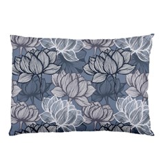 Art Deco Blue And Grey Lotus Flower Leaves Floral Japanese Hand Drawn Lily Pillow Case by DigitalArsiart