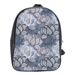 Art Deco Blue And Grey Lotus Flower Leaves Floral Japanese Hand Drawn Lily School Bag (large)