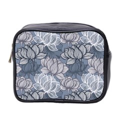 Art Deco Blue And Grey Lotus Flower Leaves Floral Japanese Hand Drawn Lily Mini Toiletries Bag (two Sides) by DigitalArsiart