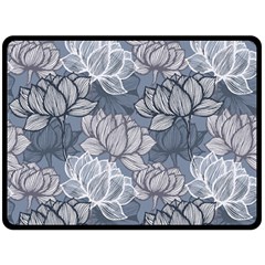 Art Deco Blue And Grey Lotus Flower Leaves Floral Japanese Hand Drawn Lily Fleece Blanket (large)  by DigitalArsiart