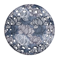 Art Deco Blue And Grey Lotus Flower Leaves Floral Japanese Hand Drawn Lily Ornament (round Filigree) by DigitalArsiart