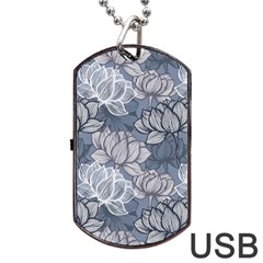 Art Deco Blue And Grey Lotus Flower Leaves Floral Japanese Hand Drawn Lily Dog Tag Usb Flash (one Side) by DigitalArsiart