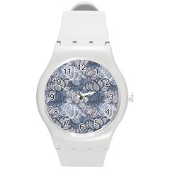 Art Deco Blue And Grey Lotus Flower Leaves Floral Japanese Hand Drawn Lily Round Plastic Sport Watch (m) by DigitalArsiart