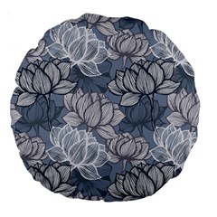 Art Deco Blue And Grey Lotus Flower Leaves Floral Japanese Hand Drawn Lily Large 18  Premium Round Cushions by DigitalArsiart