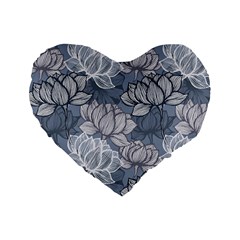 Art Deco Blue And Grey Lotus Flower Leaves Floral Japanese Hand Drawn Lily Standard 16  Premium Heart Shape Cushions by DigitalArsiart