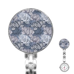 Art Deco Blue And Grey Lotus Flower Leaves Floral Japanese Hand Drawn Lily Stainless Steel Nurses Watch by DigitalArsiart