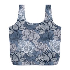 Art Deco Blue And Grey Lotus Flower Leaves Floral Japanese Hand Drawn Lily Full Print Recycle Bag (l) by DigitalArsiart