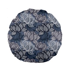 Art Deco Blue And Grey Lotus Flower Leaves Floral Japanese Hand Drawn Lily Standard 15  Premium Flano Round Cushions by DigitalArsiart