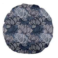 Art Deco Blue And Grey Lotus Flower Leaves Floral Japanese Hand Drawn Lily Large 18  Premium Flano Round Cushions by DigitalArsiart