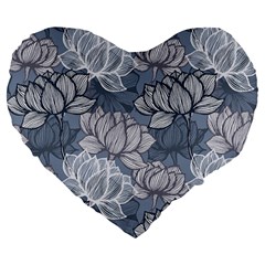 Art Deco Blue And Grey Lotus Flower Leaves Floral Japanese Hand Drawn Lily Large 19  Premium Flano Heart Shape Cushions by DigitalArsiart