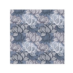 Art Deco Blue And Grey Lotus Flower Leaves Floral Japanese Hand Drawn Lily Small Satin Scarf (square) by DigitalArsiart