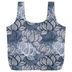 Art Deco Blue And Grey Lotus Flower Leaves Floral Japanese Hand Drawn Lily Full Print Recycle Bag (xxl) by DigitalArsiart