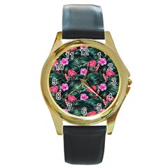 Pink Flamingo Round Gold Metal Watch by goljakoff