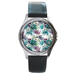 Tropical flowers Round Metal Watch