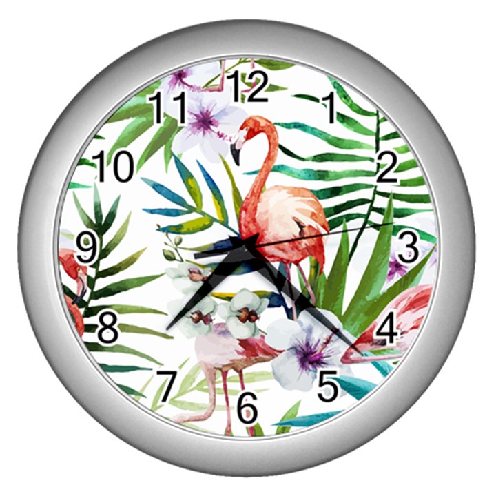 Tropical flamingo Wall Clock (Silver)