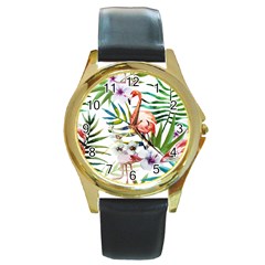 Tropical Flamingo Round Gold Metal Watch by goljakoff