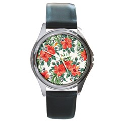 Red Flowers Round Metal Watch by goljakoff