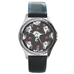 Halloween Ghost Trick Or Treat Seamless Repeat Pattern Round Metal Watch by KentuckyClothing