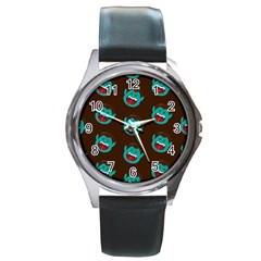 Frankenstein Halloween Seamless Repeat Pattern  Round Metal Watch by KentuckyClothing