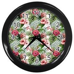 Monstera Flowers Pattern Wall Clock (black) by goljakoff