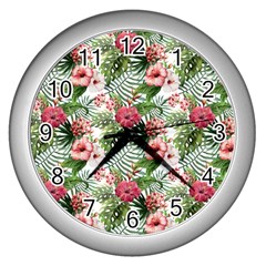 Monstera Flowers Pattern Wall Clock (silver)