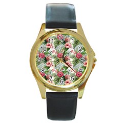 Monstera Flowers Pattern Round Gold Metal Watch by goljakoff