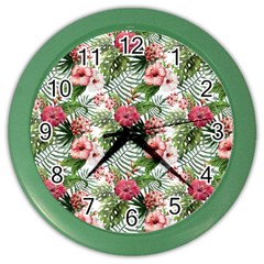 Monstera Flowers Pattern Color Wall Clock by goljakoff