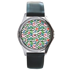 Zigzag Flowers Pattern Round Metal Watch by goljakoff