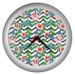 Zigzag Flowers Pattern Wall Clock (silver) by goljakoff